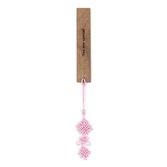 Imprinted Wooden Bookmark with Korean Traditional Knot. Walnut with Light Pink Color Knot