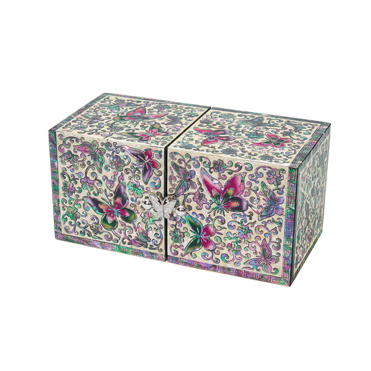 Korean Traditional Jewelry Box, Mother-of-pearl, Double Compartment box with artisan’s signature stamp, Butterfly design