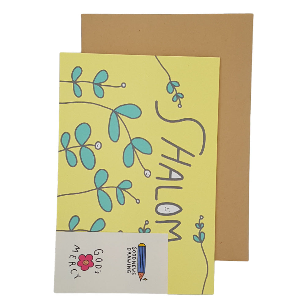 greeting card, with one envelope and two stickers. SHARLOM. Yellow color.
