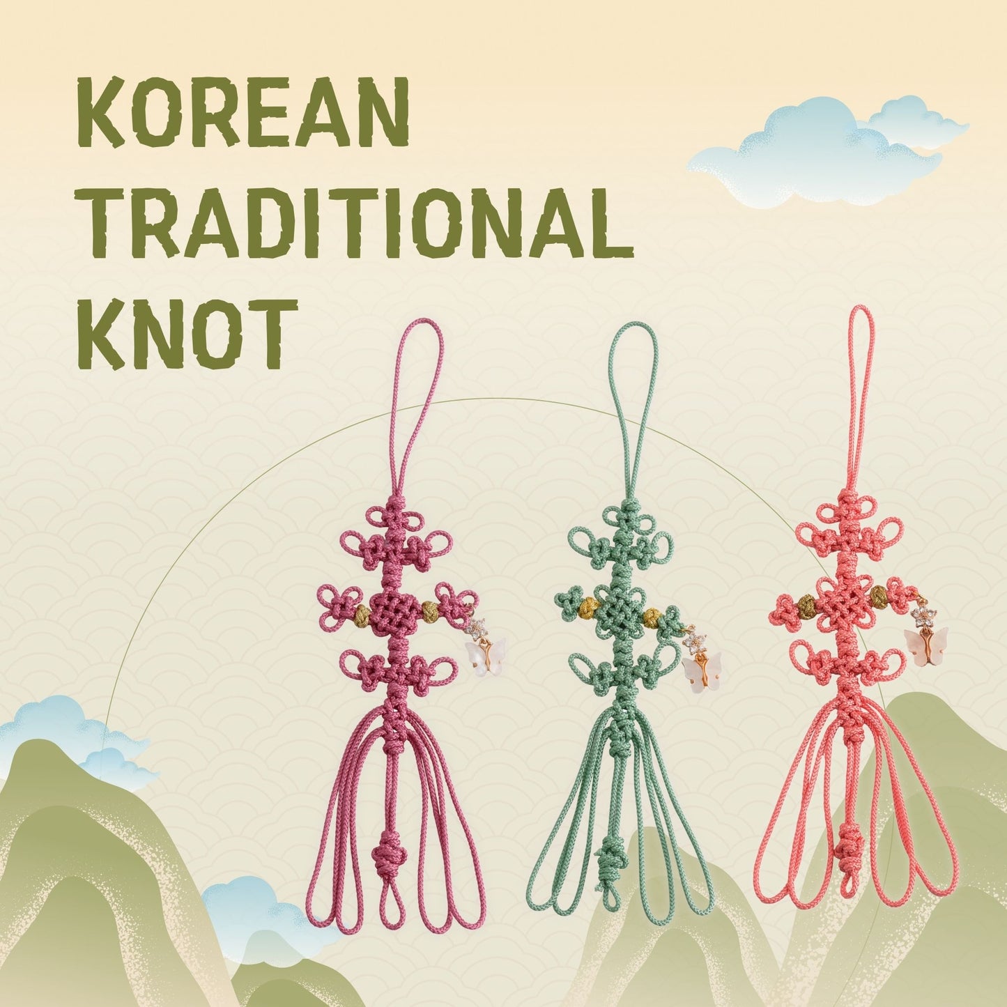 Small Bag Accessory, Multiple use, Korean Traditional Knot, Home Decoration with Flowers and Butterfly Beads (Small)