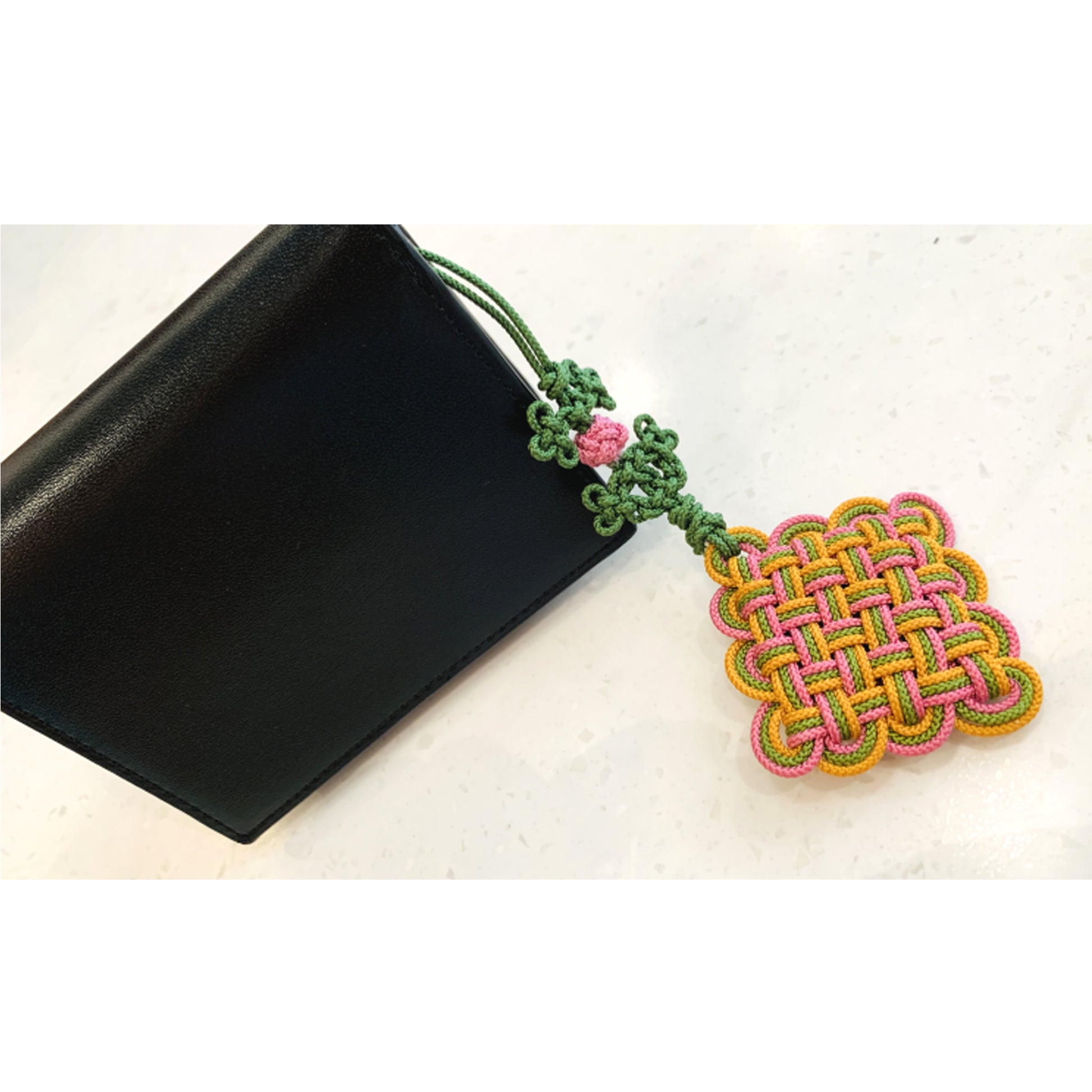 Korea traditional Knot Key chain with black pulse, main color green, pink, yellow