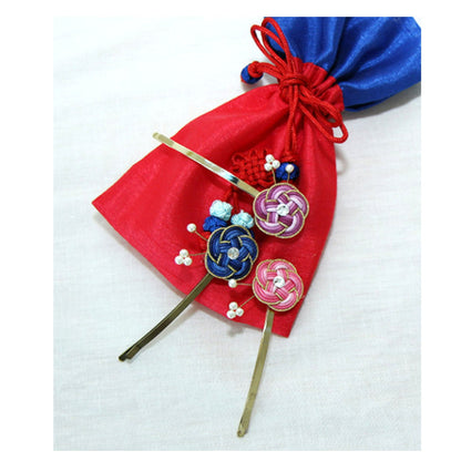 Hair Pin with Swarovski Cubic, Pearl and Korean Traditional Knot. a Transparent Case. Blue Color
