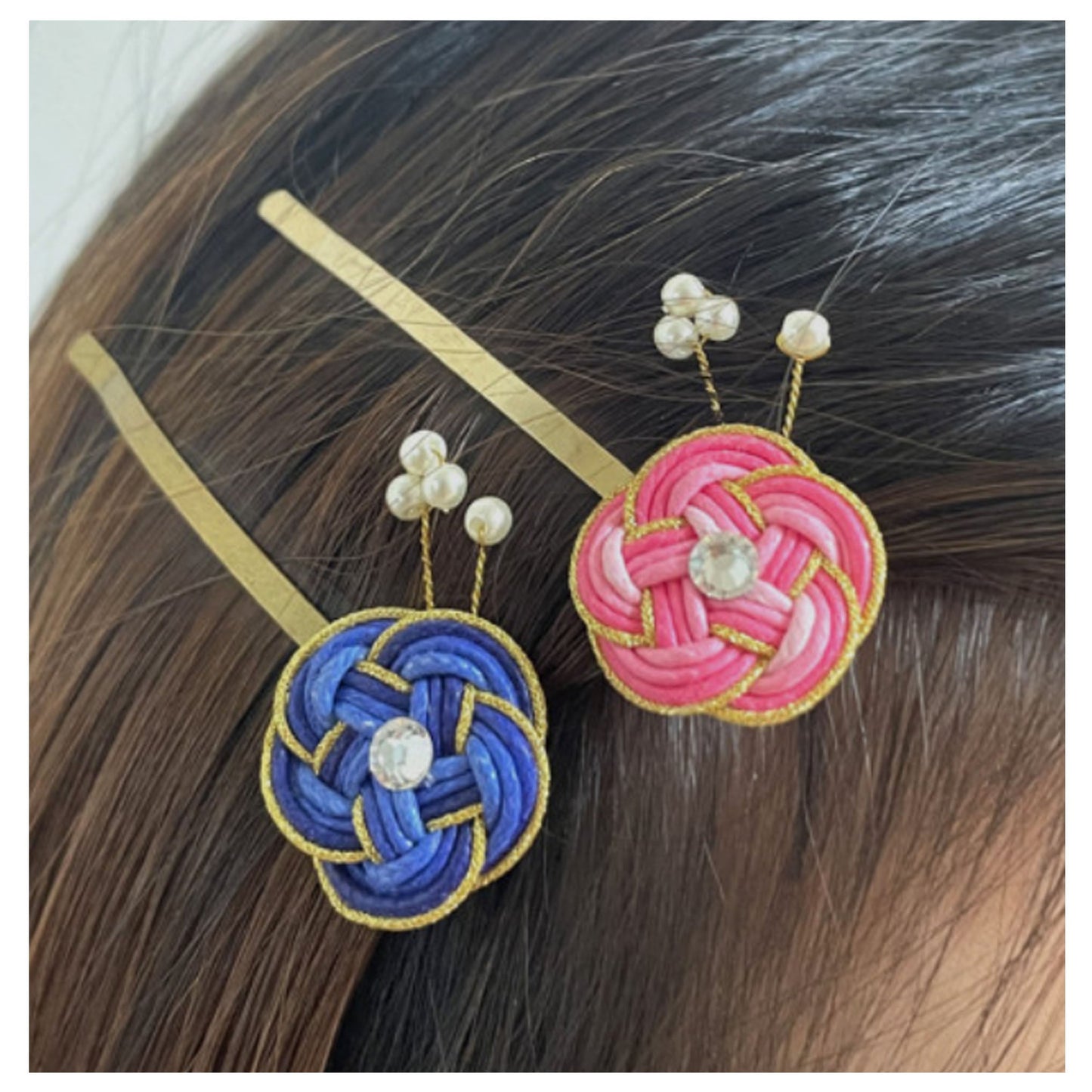 Hair Pin with Swarovski Cubic, Pearl and Korean Traditional Knot. a Transparent Case. Pink Color