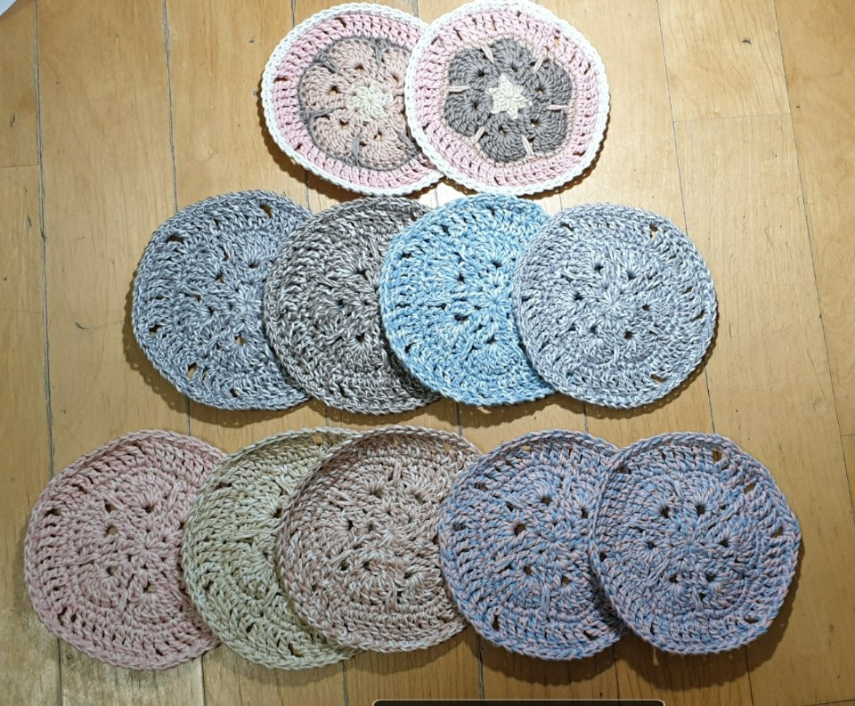 tea coasters -nine melange colors, two solid colors of LaPace organic cotton yarns
