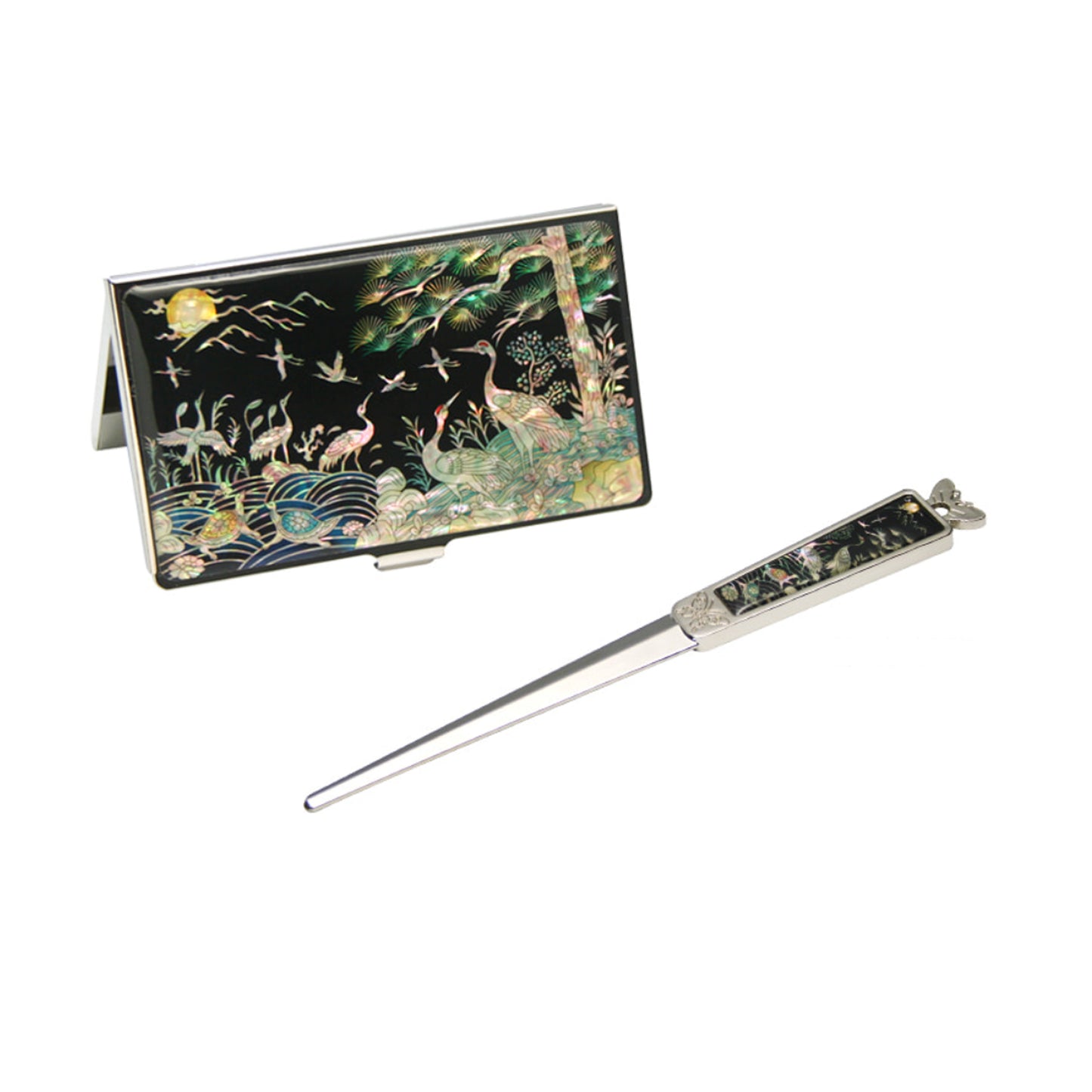 Korean traditional Business Card Holder with Paper Knife,  Made of Mother-of-pearl, Handmade