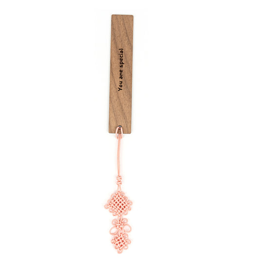 Imprinted Wooden Bookmark with Korean Traditional Knot. Walnut with Peach Color Knot