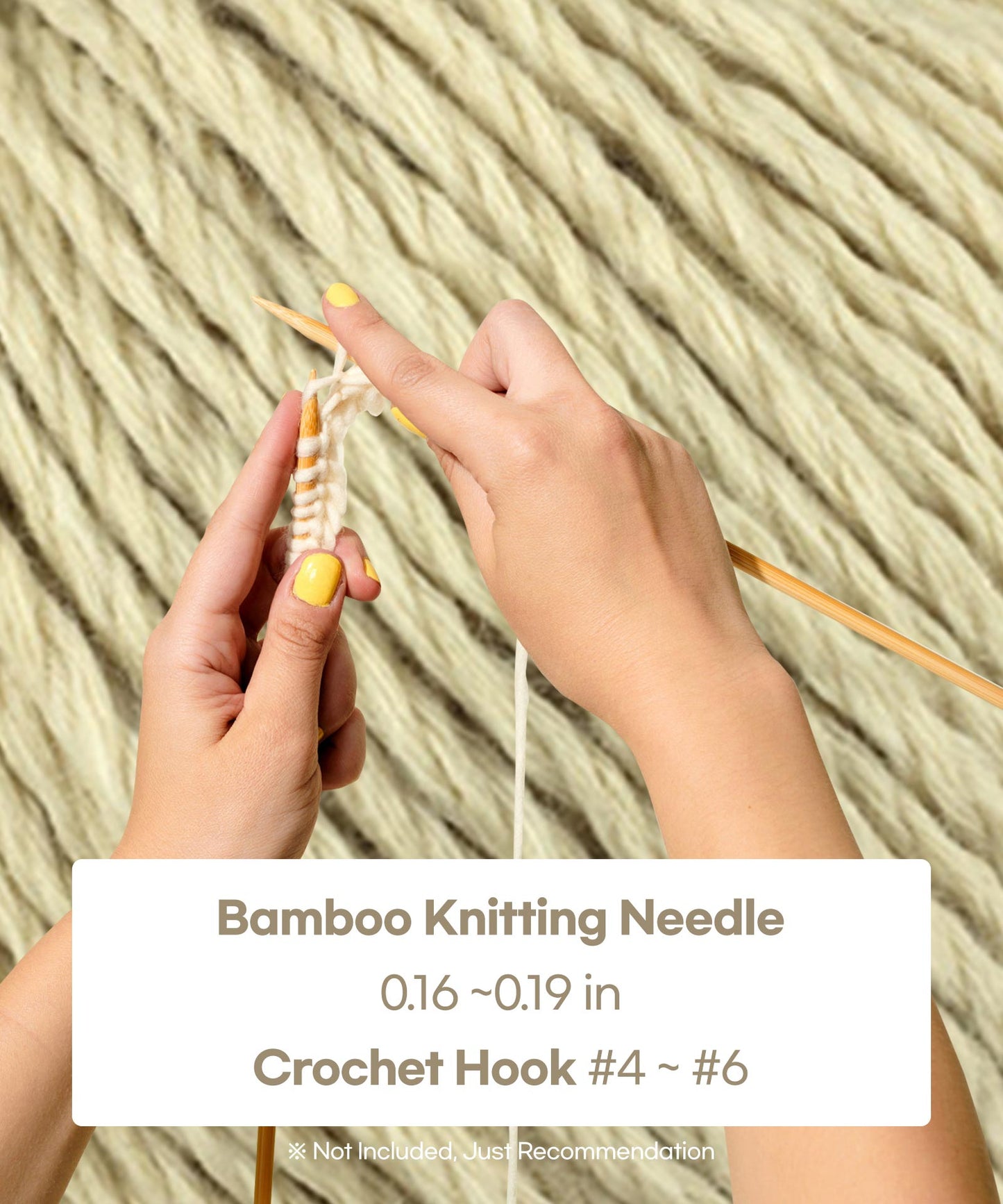 recommendation : crochet hook #4~#6. bomboo knitting needle 0.16~0.19 inch
