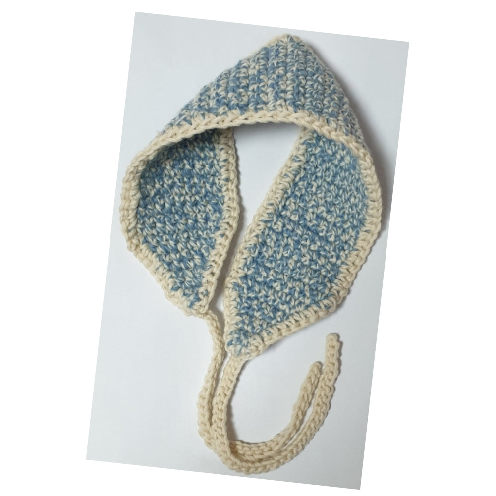 scarf or ear cover for baby. made by LaPace wool yarn, ivory, blue ivory melange
