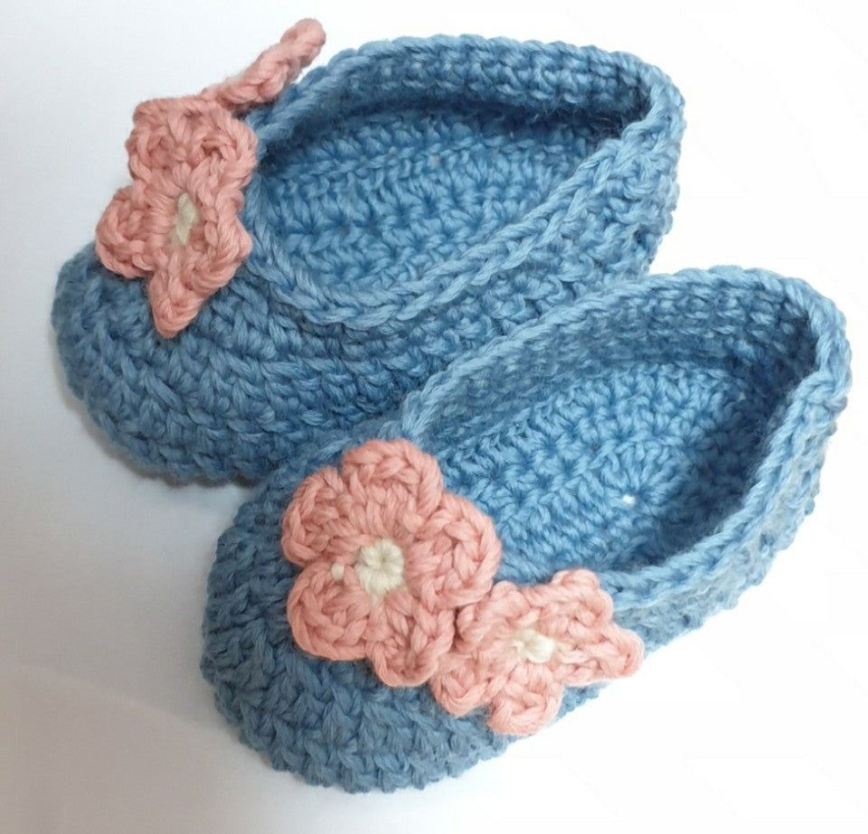 baby shoes. made by LaPace yarns. blue. pink. ivory