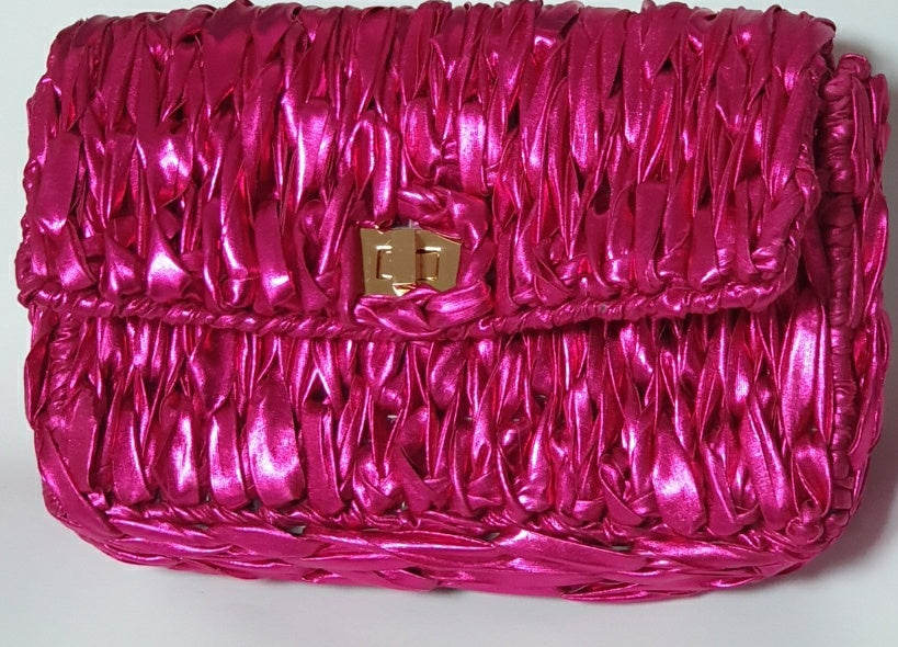 pink clutch bag - made by LaPace shiny fabric ribbon yarn with net.