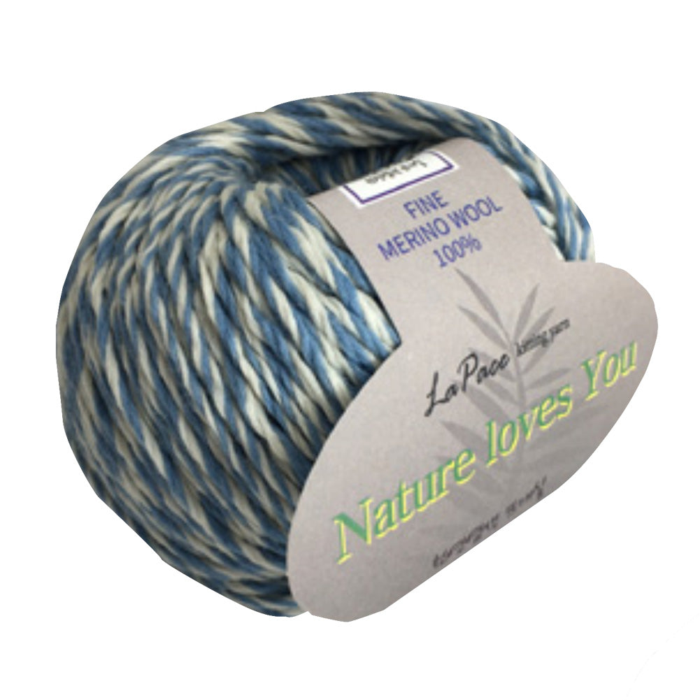 LaPace Premium yarn. 100% fine merino wool yarn. eco-friendly, plant dye. blue ivory melange color