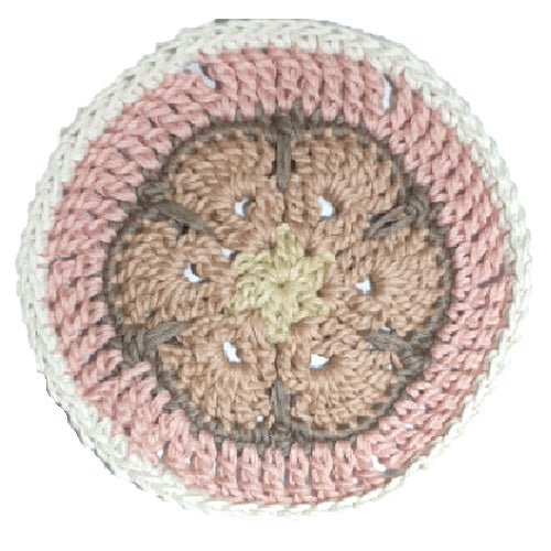tea coaster - LaPace yarn (white, pink, brown, indi pink, mustard)